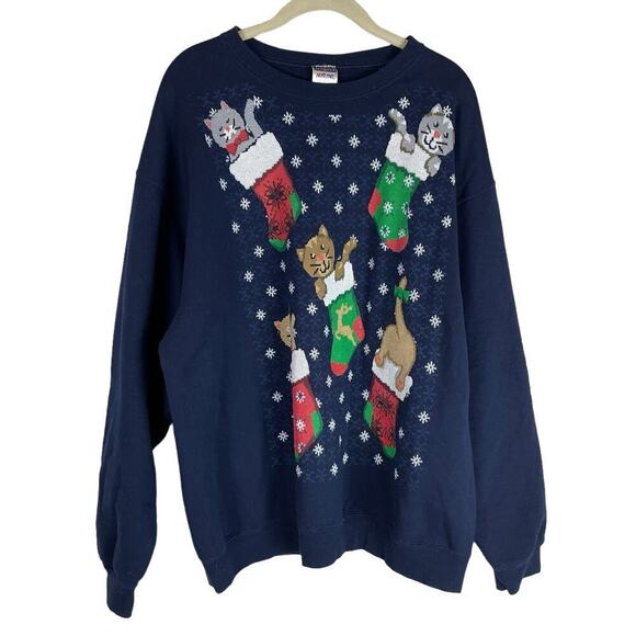 Vintage 90s Christmas Crazy Cat Lady cats stockings sweatshirt - Picture 1 of 6